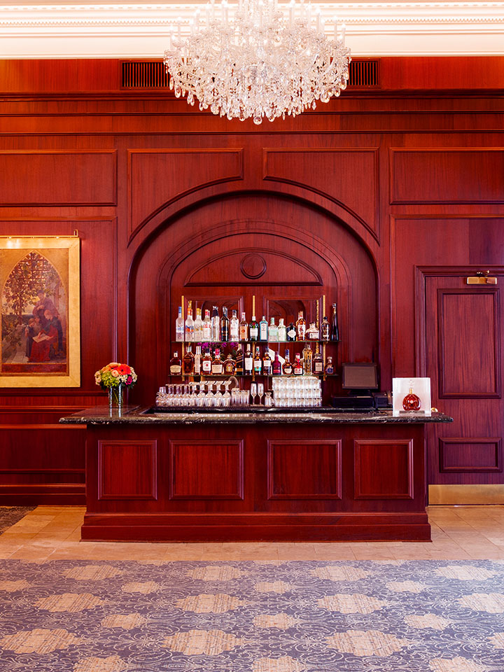 Fancy bar in front of wooden walls