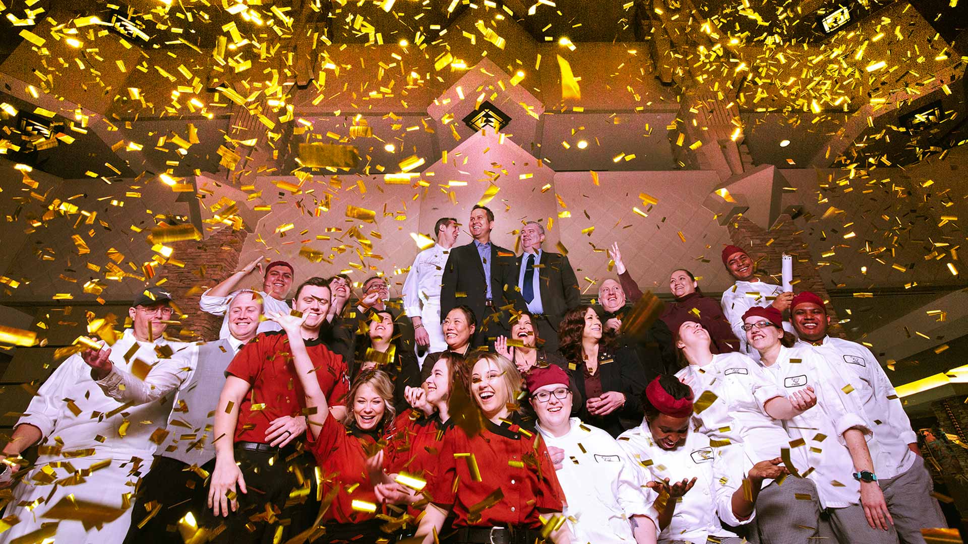 staff photo with confetti
