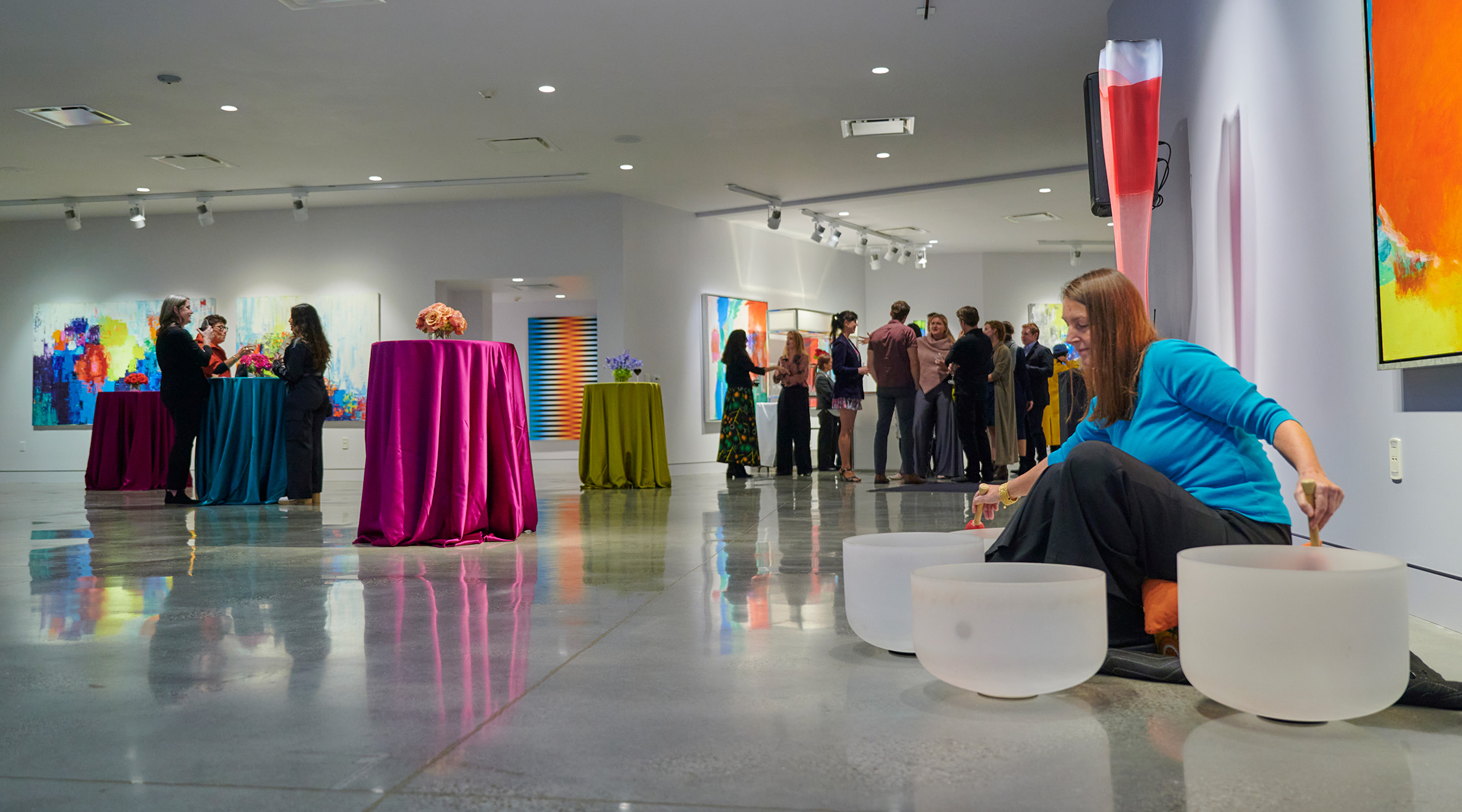 Dorit Brauer, former artist in residence at Nemacolin, playing quartz crystal singing sound bowls at Reflections