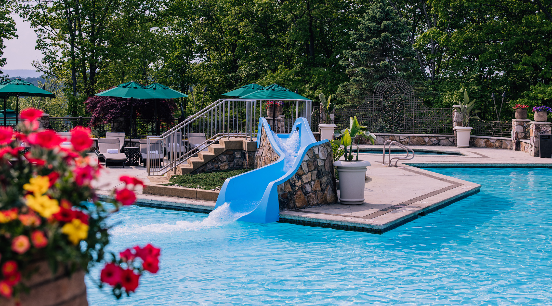 Pool area with a blue slide