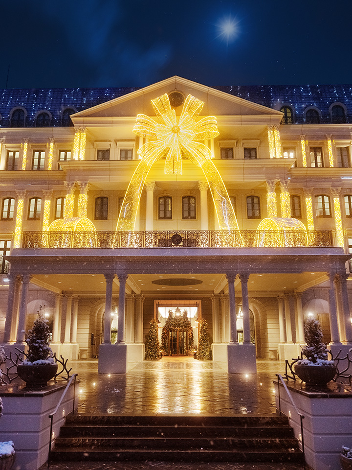 hotel decorated for Christmas