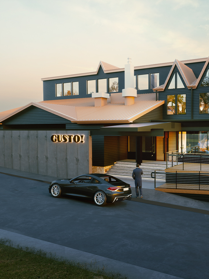 Exterior rendering image of Gusto lit up from the road view with a car driving by.