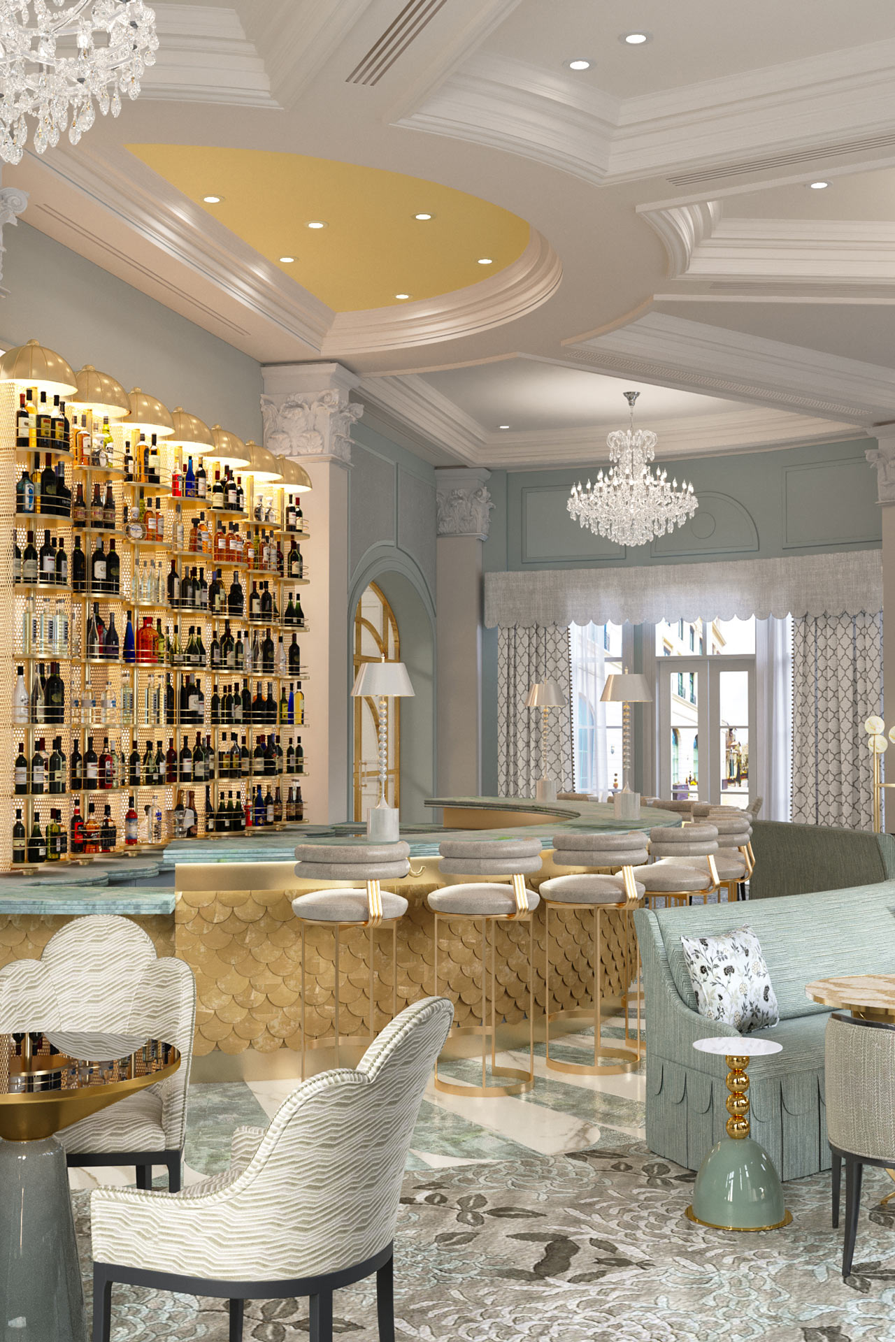 Click here to open the gallery overlay for the image: beautiful view of a bar with tables and chandelier as part of a gallery decorative page