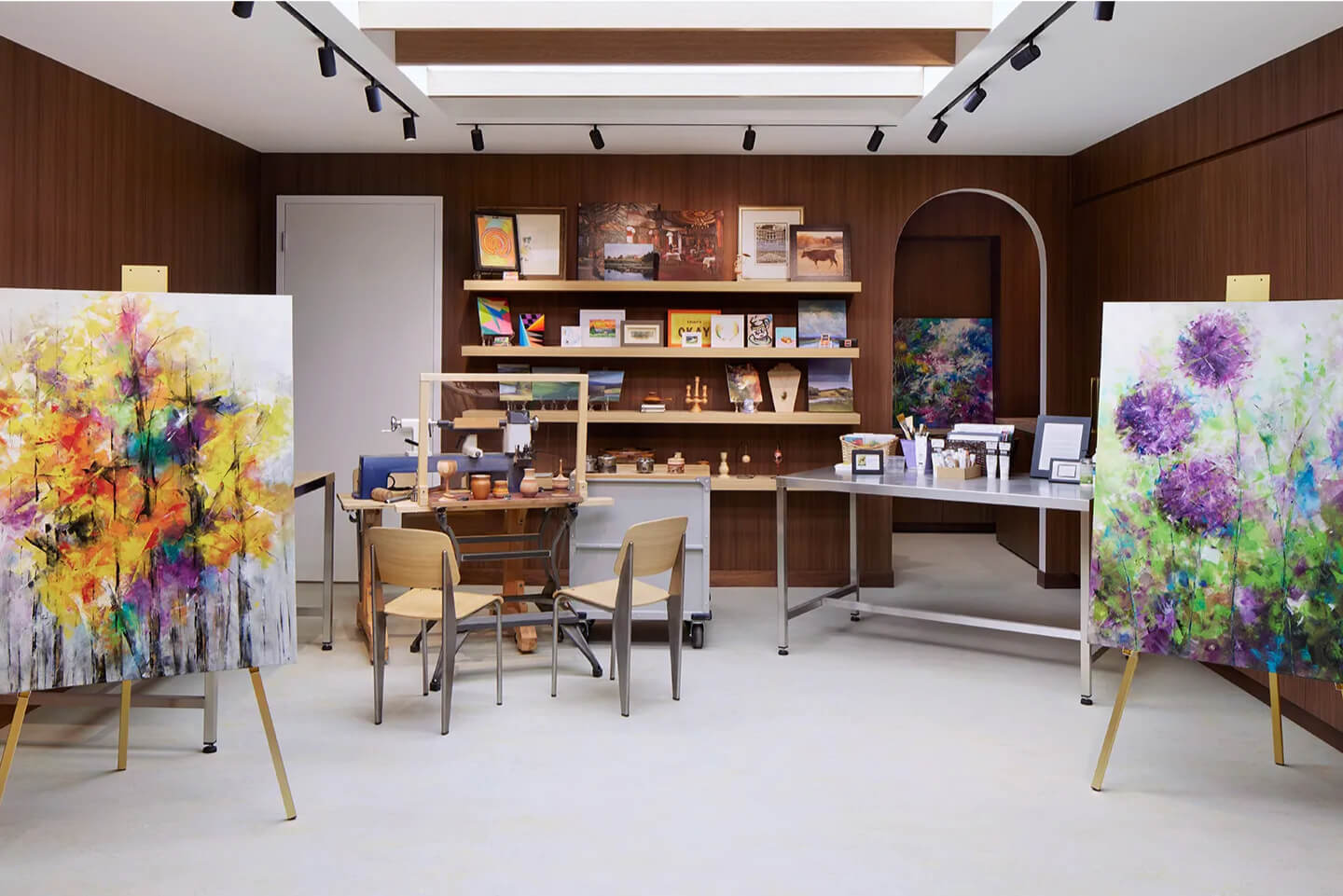 easels and paintings in an art studio