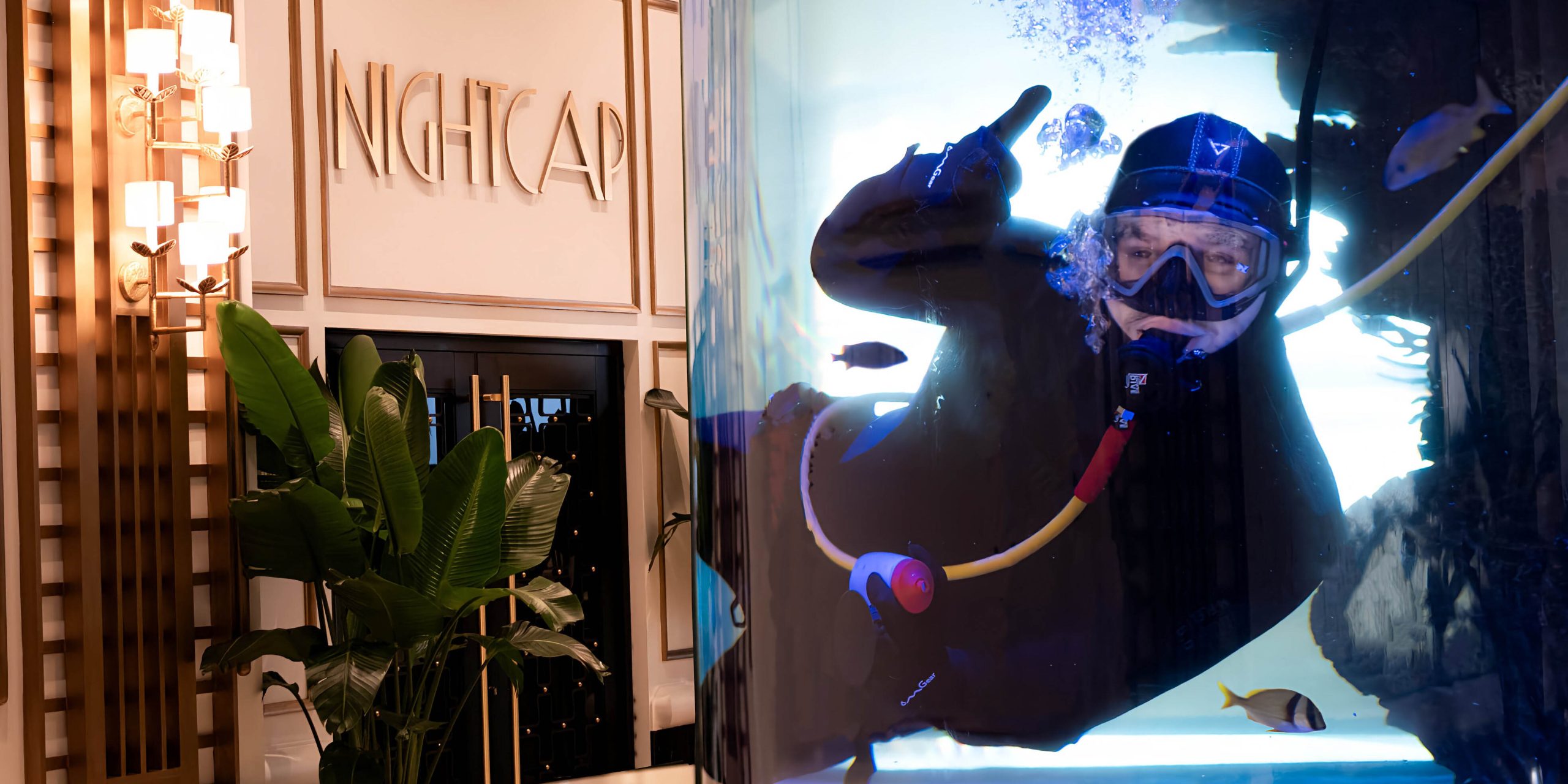 person in SCUBA gear in a fish tank outside of Nightcap at Nemacolin resort